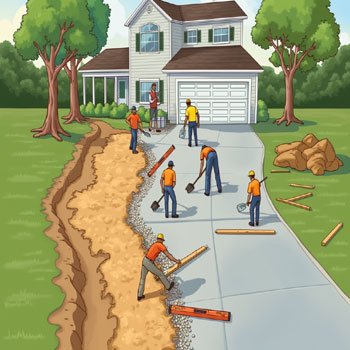 Workers preparing a residential property for a concrete driveway installation. The image shows soil removal, compacted gravel, and wooden forms in place, with tools and safety barriers in a bright outdoor setting